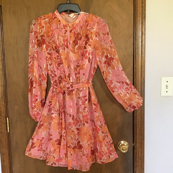 Relist9/28 LC Lauren Conrad floral print dress ruffle & metallic details boho XS - Picture 3 of 17